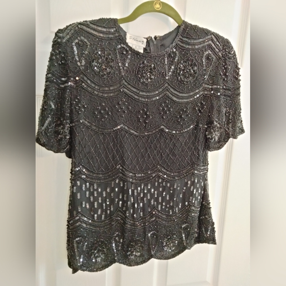 Stenay Women's Black Sequin Short Sleeve Blouse